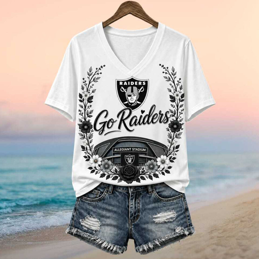 LV Raiders Allegiant Stadium Floral Wreath V-Neck Shirt Raiders Merch Gift For Football Fans - Kdjoy
