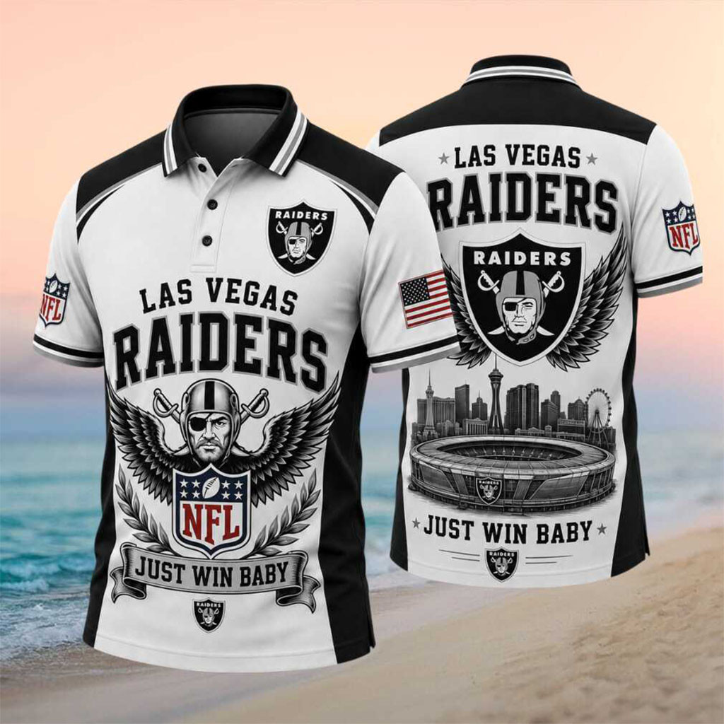 LV Raiders Just Win Baby Stadium Skyline Wings Polo Shirt Raiders Merch Gift For Football Fans - Kdjoy LV Raiders Just Win Baby Stadium Skyline Wings Polo Shirt Raiders Merch Gift For Football Fans - Kdjoy