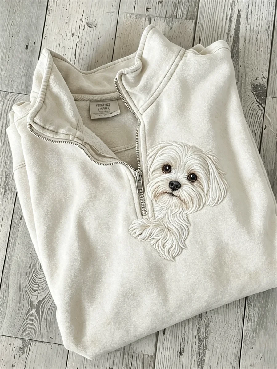Maltese Dog Half Zip Sweatshirt Cute Fluffy White Puppy Clothing Best Gifts For Husband - Kdjoy