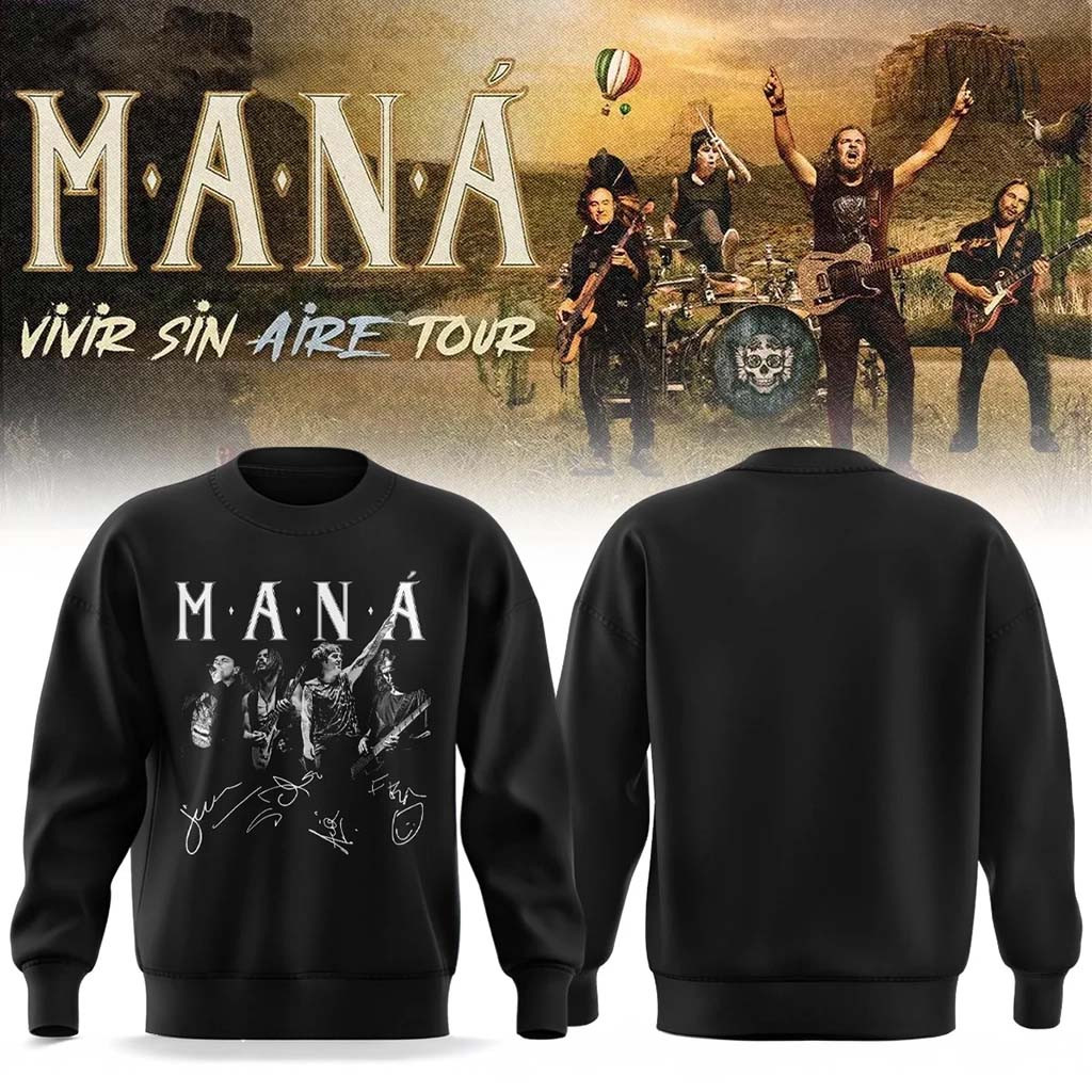 Mana Merch 2026 Vivir Sin Aire Tour Sweatshirt Black Cool Gifts For Pop Lovers - Kdjoy Mana Merch 2026 Vivir Sin Aire Tour Sweatshirt Black Cool Gifts For Pop Lovers - Kdjoy