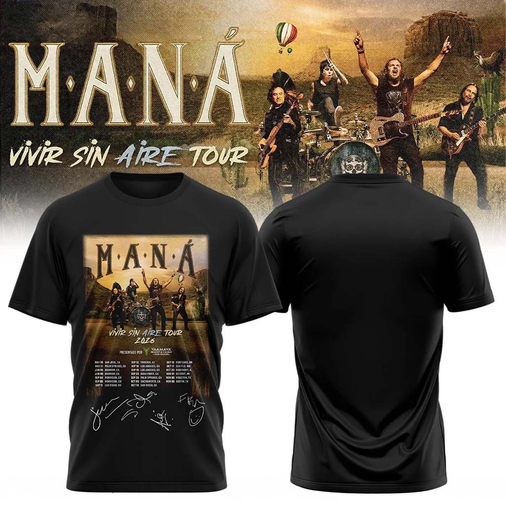 Mana Merch 2026 Vivir Sin Aire Tour T-Shirt Black Gifts For Pop Band Fans - Kdjoy