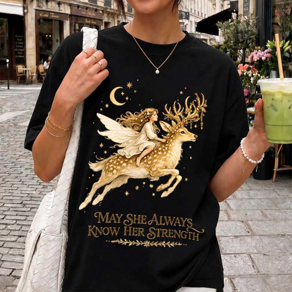 May She Always Know Her Strength Shirt Mystical Fairy Riding Antlered Stag Empowering T-Shirt - Kdjoy