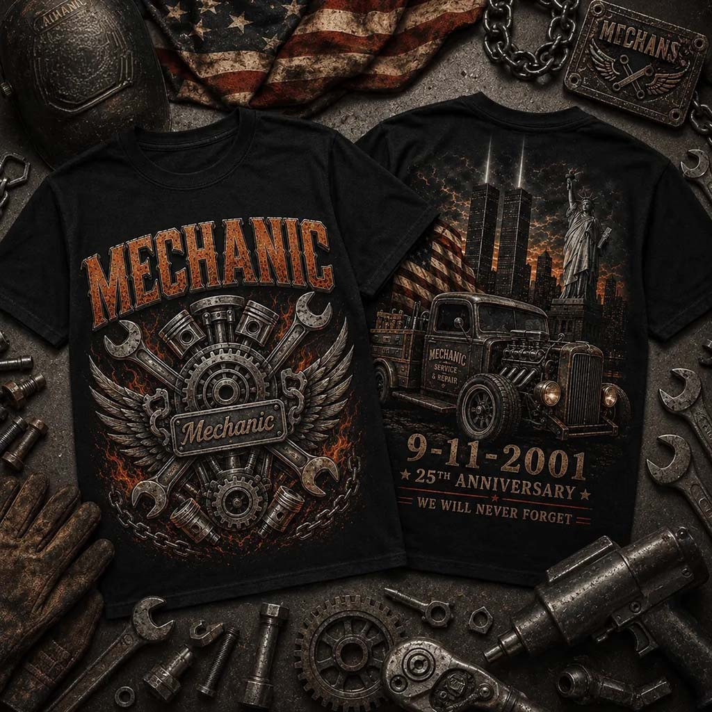 Mechanic 9 11 Memorial We Will Never Forget Black T-Shirt Patriotic Merch Gift For Mechanics - Kdjoy