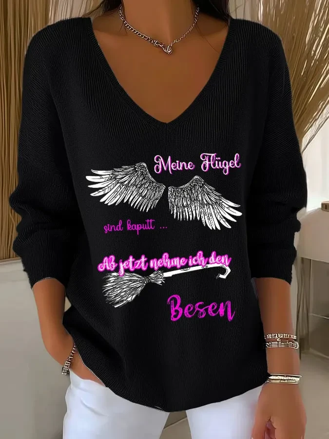 Meine Flugel Sind Kaputt Ab Jetzt Nehme Ich Den Besen V-Neck Long Sleeve Shirt Halloween Merch - Kdjoy