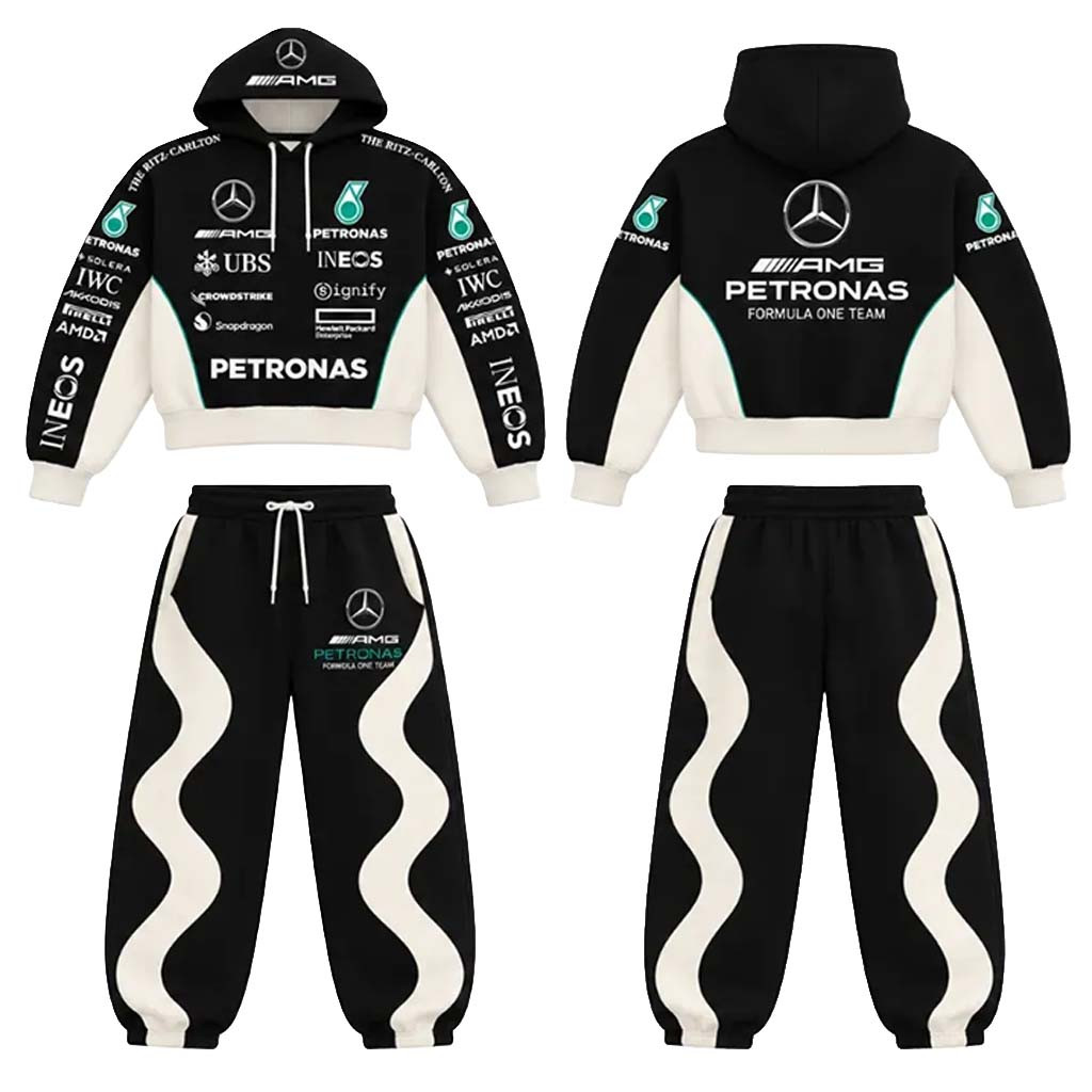 Mercedes AMG Petronas F1 Team Cropped Hoodie And Sweatpants Set Gift For Racing Fangirl - Kdjoy