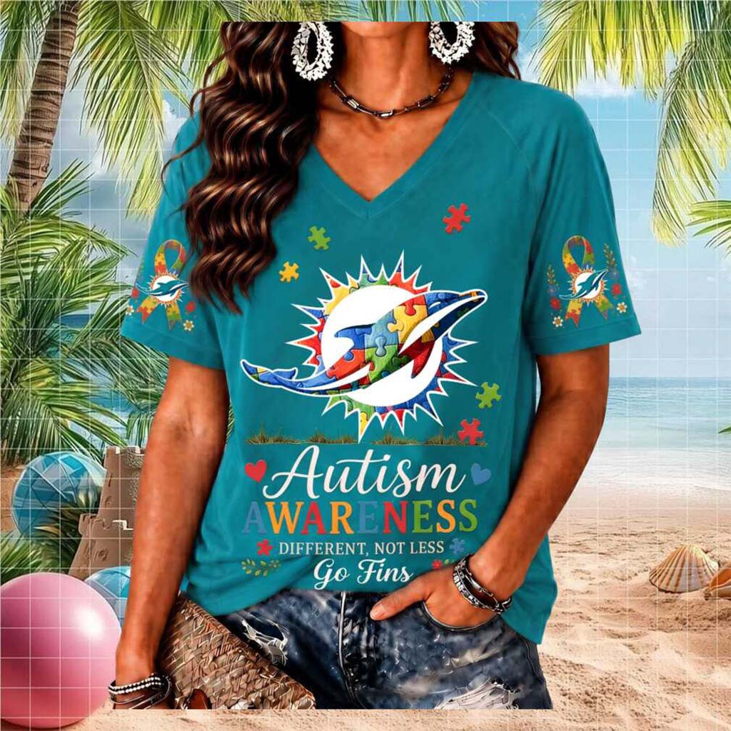 Miami Dolphins Autism Awareness Puzzle Piece V-Neck Shirt Miami Dolphins Merch Women's - Kdjoy Miami Dolphins Autism Awareness Puzzle Piece V-Neck Shirt Miami Dolphins Merch Women's - Kdjoy