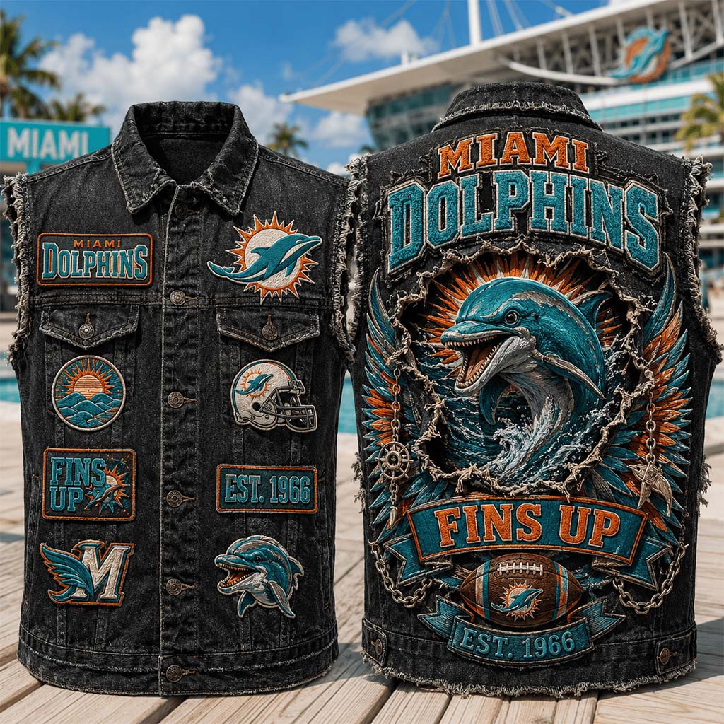 Miami Dolphins Funs Up Est 1966 Denim Vest Miami Dolphins Merch Presents For Football Fans - Kdjoy Miami Dolphins Funs Up Est 1966 Denim Vest Miami Dolphins Merch Presents For Football Fans - Kdjoy