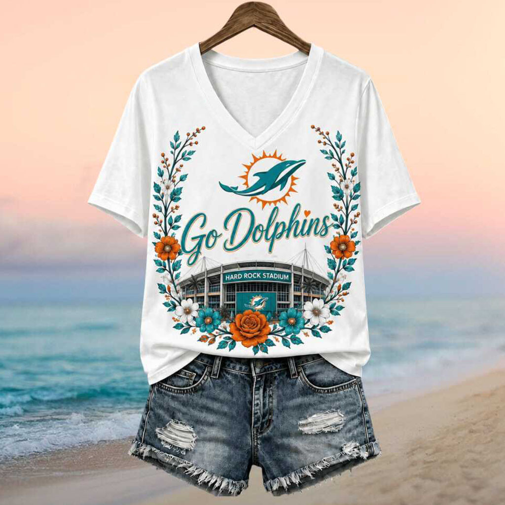 Miami Dolphins Merch Stadium Floral Wreath Go Dolphins Football V-Neck Shirt Game Day Gifts - Kdjoy