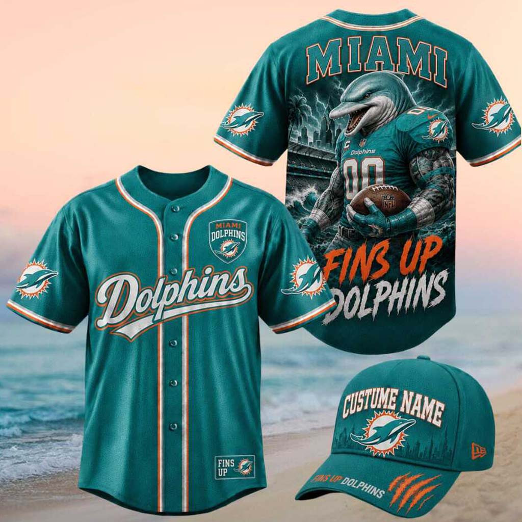 Miami Dolphins Muscular Mascot Fins Up Graphic Baseball Jersey Dolphins Merch Gifts For Him