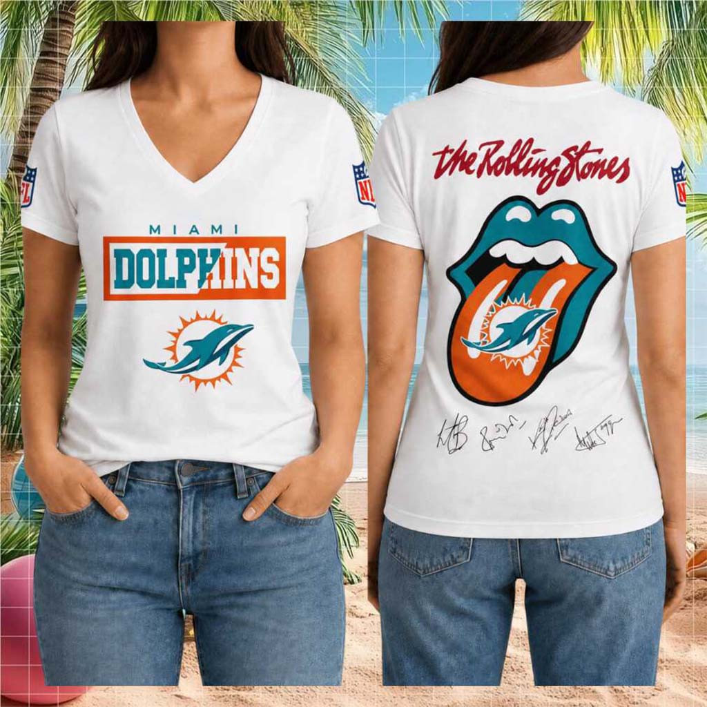 Miami Dolphins Rolling Stones Tongue Logo V-Neck Shirt Miami Dolphins Merch Fan Apparel - Kdjoy
