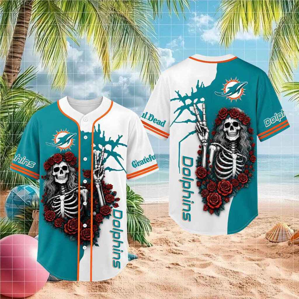 Miami Dolphins Skeleton Grateful Roses Baseball Jersey Dolphins Merch Gifts For Husband - Kdjoy Miami Dolphins Skeleton Grateful Roses Baseball Jersey Dolphins Merch Gifts For Husband - Kdjoy