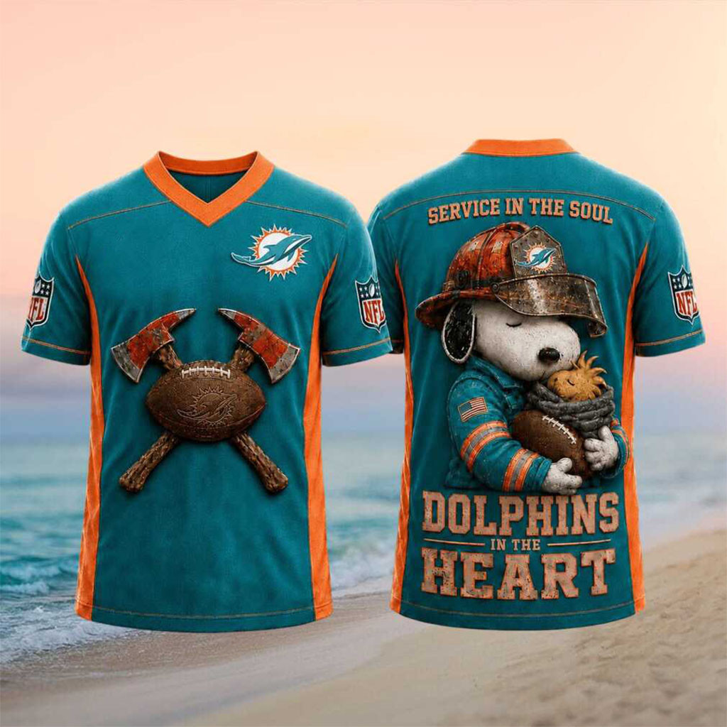 Miami Dolphins Snoopy Firefighter Football In The Heart V-Neck Shirt Miami Dolphins Merch Gifts - Kdjoy