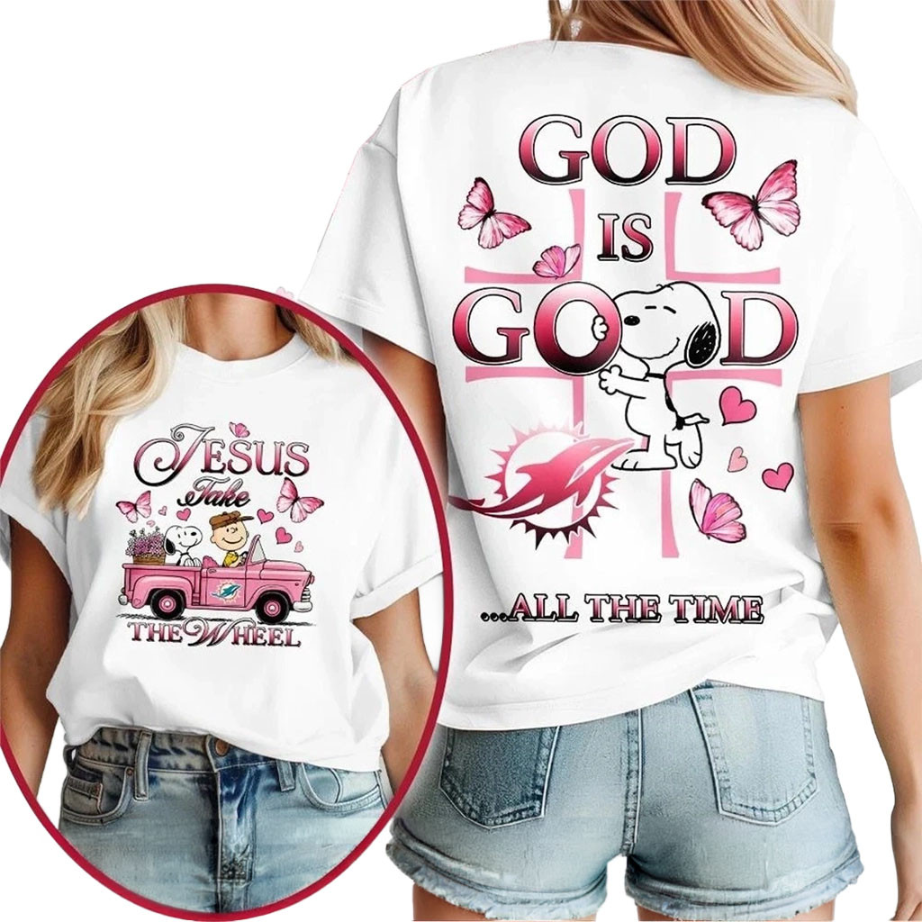 Miami Dolphins Snoopy Jesus Take The Wheel God Is Good Shirt Miami Dolphins Merch Fan Gifts - Kdjoy