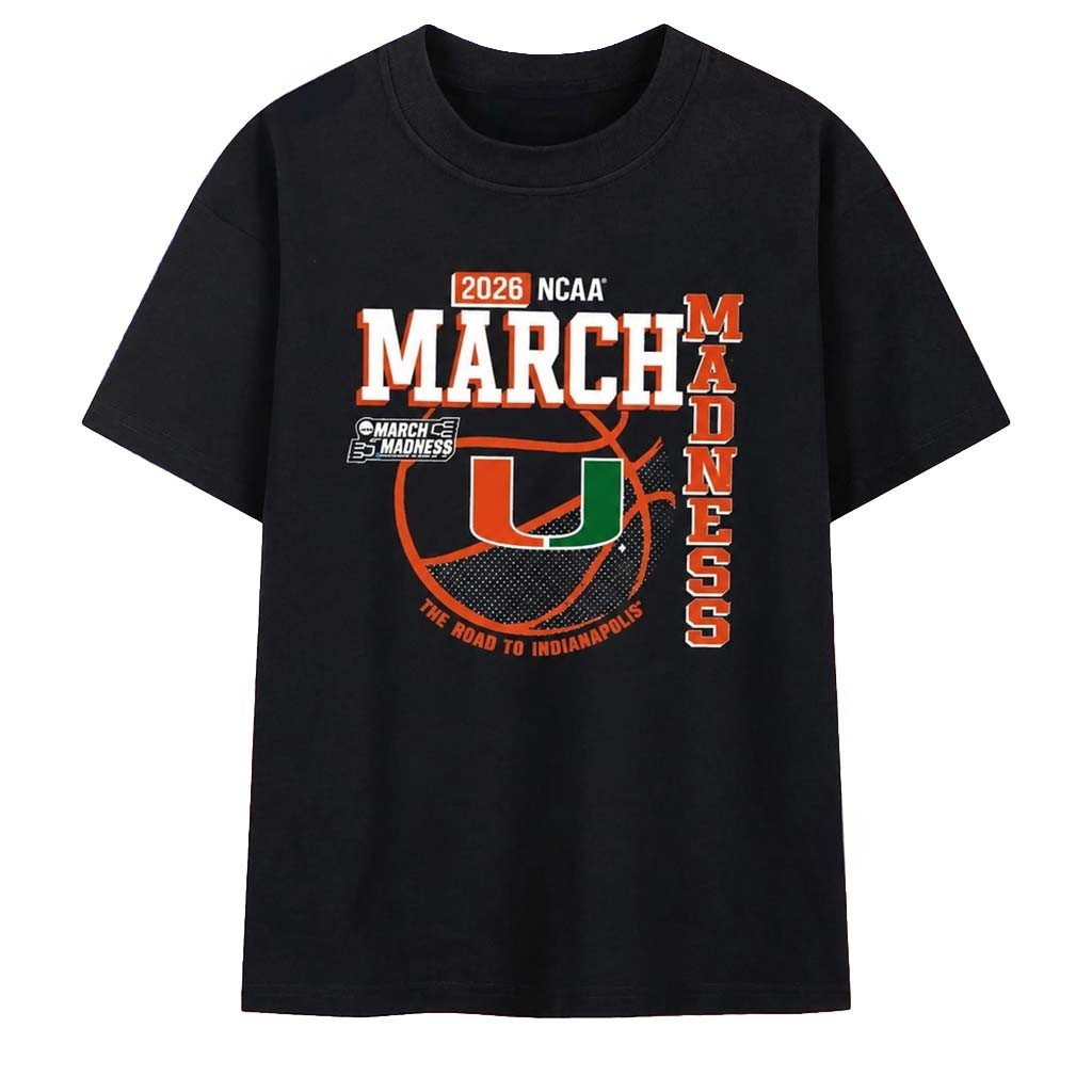 Miami Hurricanes Merch 2026 Mens Basketball March Madness The Road To Indianapolis T-Shirt