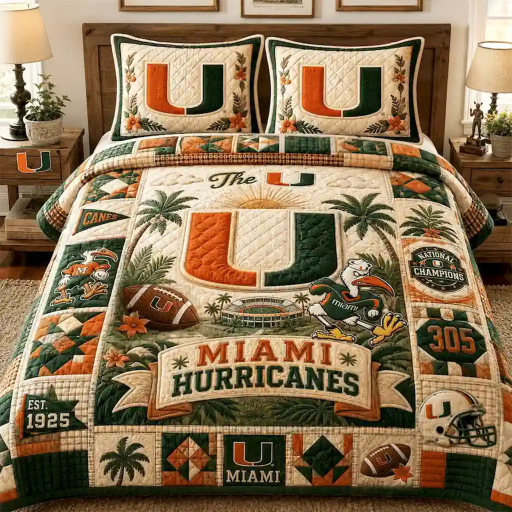 Miami Hurricanes National Champions Quilt Bedding Set Hurricanes Merch Football Fan Gifts - Kdjoy
