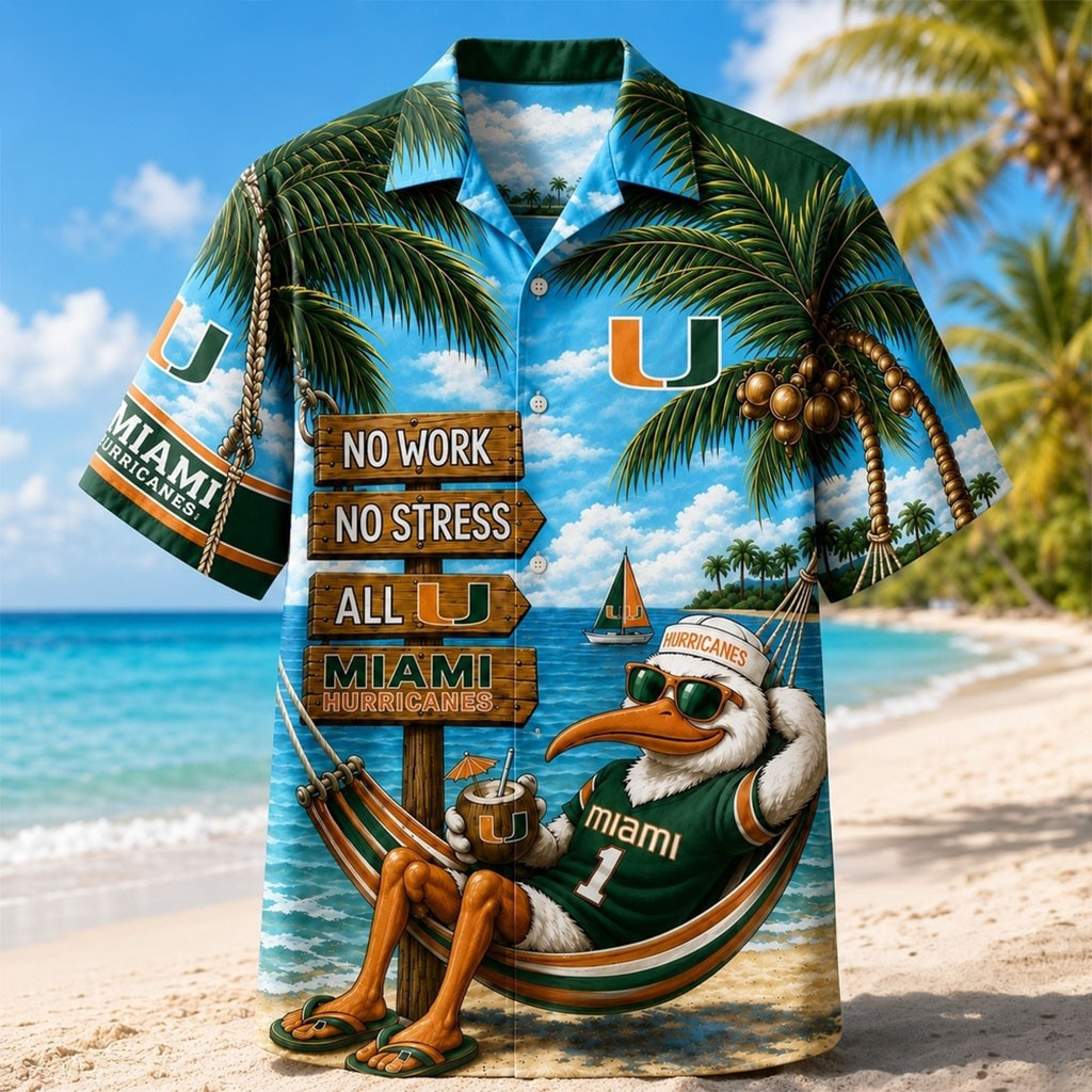 Miami Hurricanes No Work No Stress Hawaiian Shirt Miami Hurricanes Merch Present For Fans - Kdjoy Miami Hurricanes No Work No Stress Hawaiian Shirt Miami Hurricanes Merch Present For Fans - Kdjoy