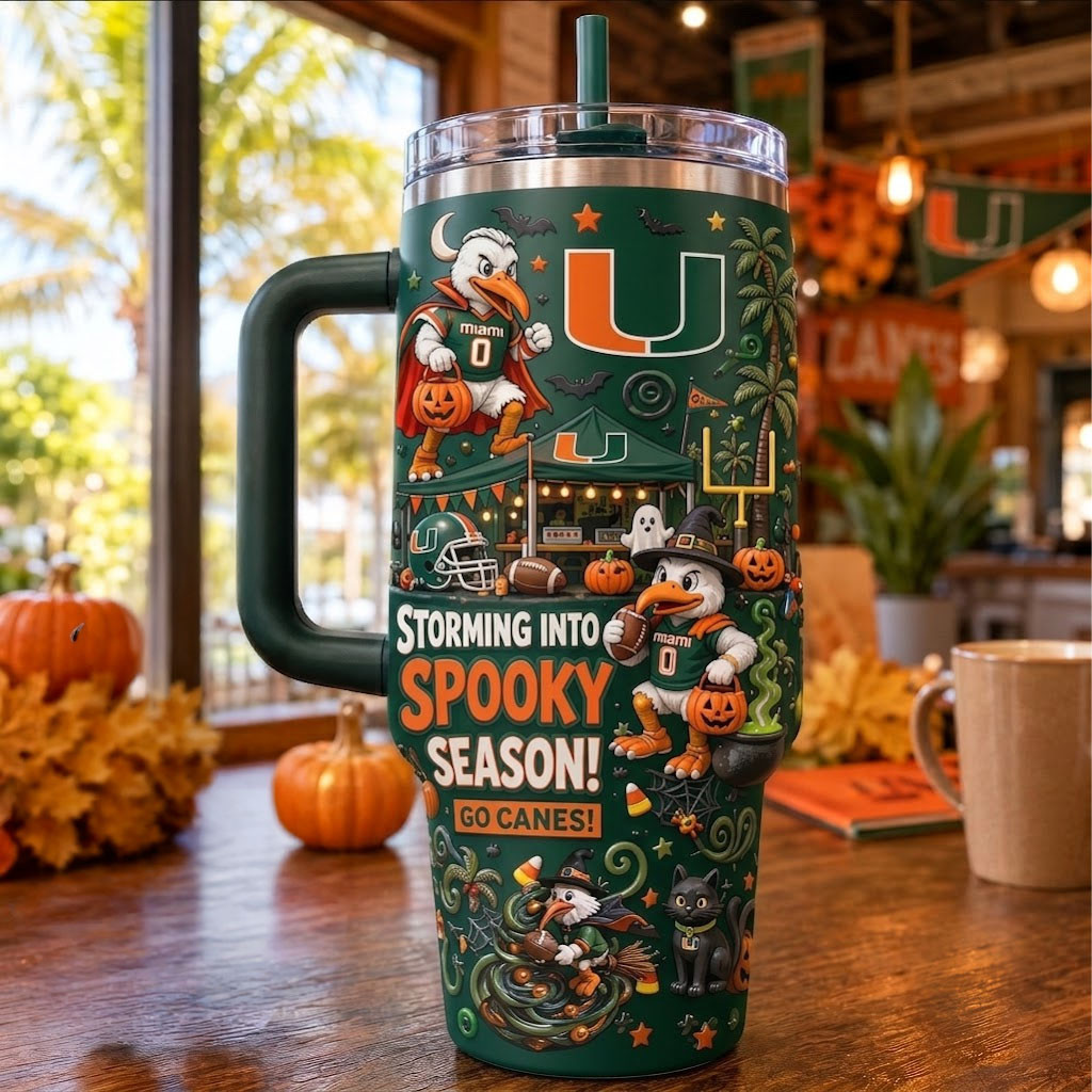 Miami Hurricanes Storming Into Spooky Season Go Canes Tumbler Hurricanes Merch Fans Gifts - Kdjoy