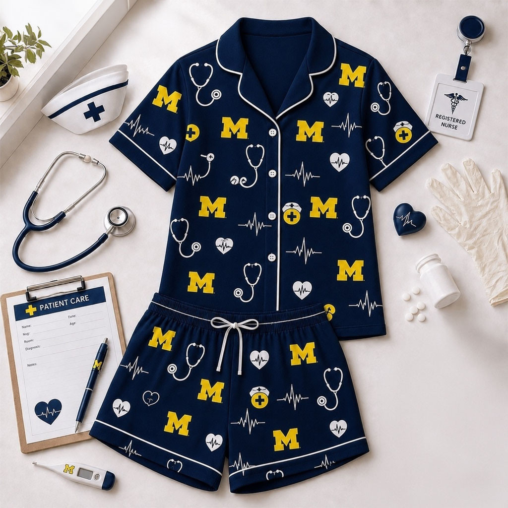 Michigan Wolverines Heartbeats And Home Teams Short Sleeve Pajamas Set Wolverines Merch Gifts - Kdjoy