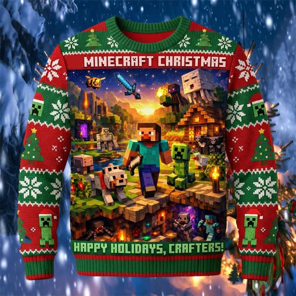 Minecraft Happy Holidays Crafters All Characters Minecraft Ugly Sweater Unisex T Shirt - Kdjoy