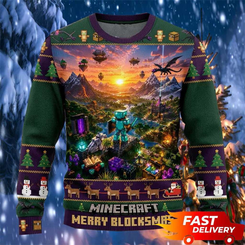 Minecraft Merch 2026 Merry Blocksmas Open World Minecraft Ugly Sweater Gifts For Fans - Kdjoy