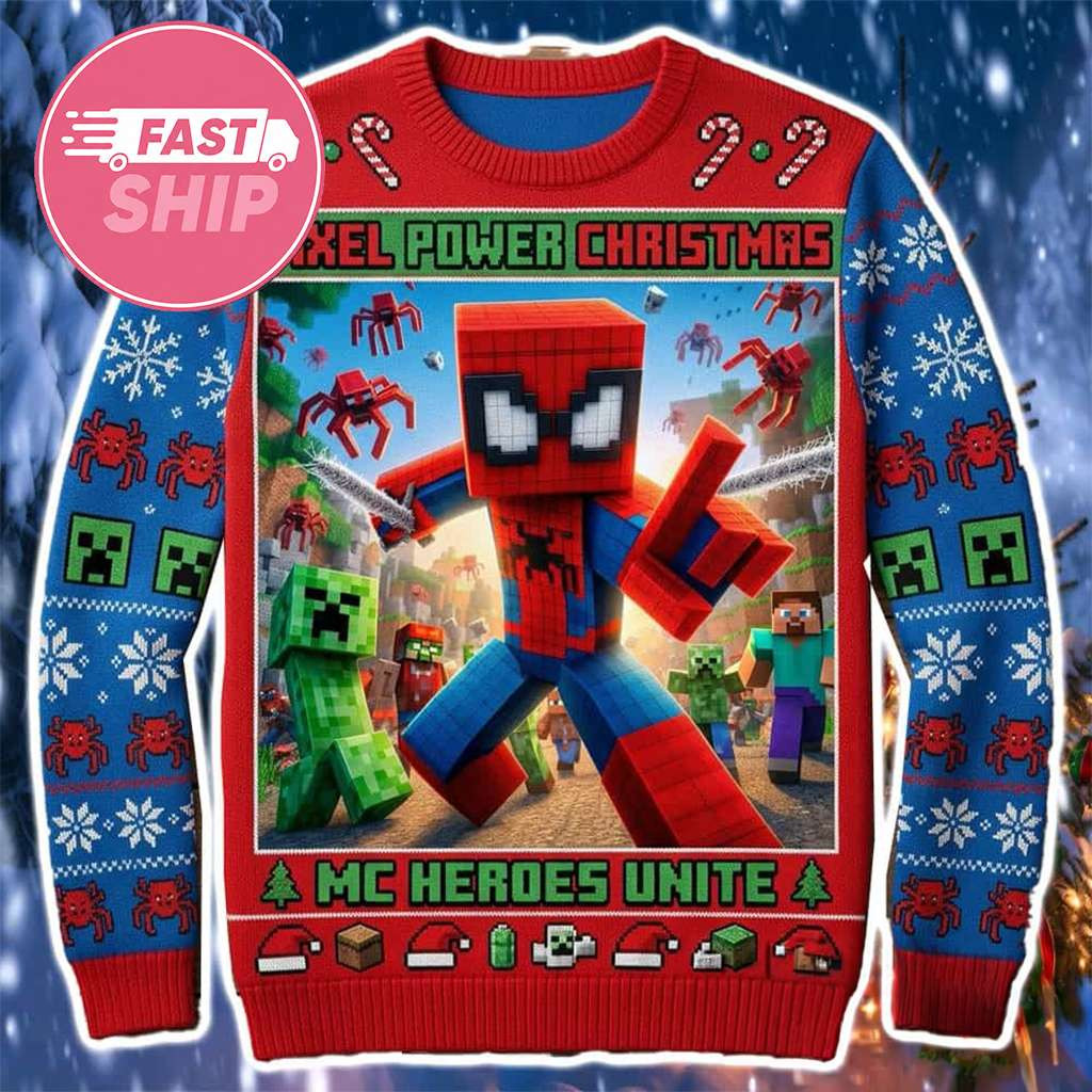 Minecraft Merch 2026 Spiderman x Minecraft Pixel Power Christmas Horoes Unite Ugly Sweater - Kdjoy