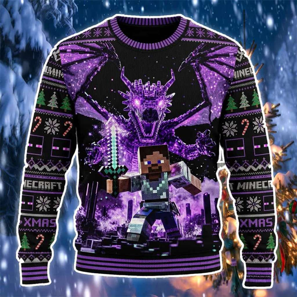 Minecraft Merch 2026 Steve vs Ender Dragon Minecraft Ugly Sweater Present For Husband - Kdjoy Minecraft Merch 2026 Steve vs Ender Dragon Minecraft Ugly Sweater Present For Husband - Kdjoy