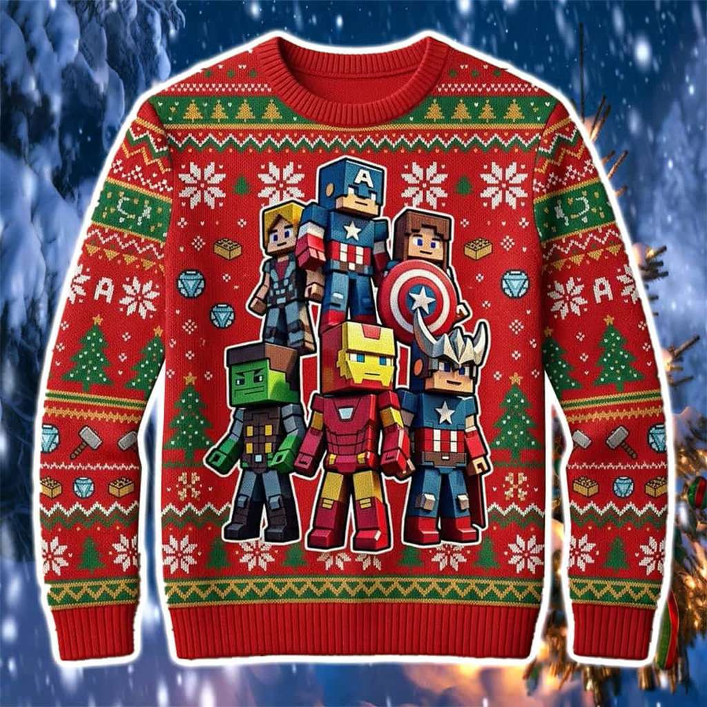 Minecraft Merch Marvel x Minecraft Avernger Ensemble Ugly Sweater Gifts For Brother - Kdjoy