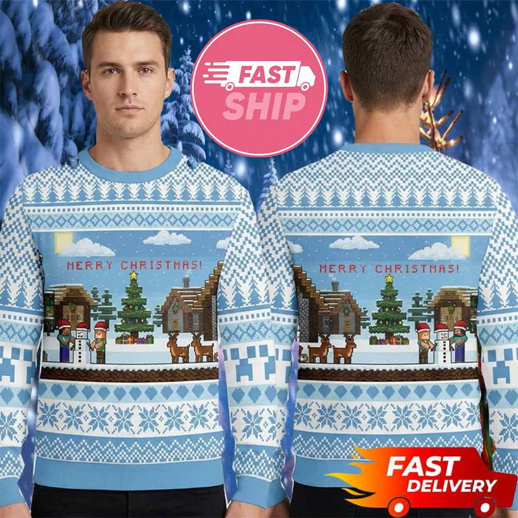 Minecraft Merch Steve Snow Man Merry Christmas 2026 Minecraft Ugly Sweater Gifts For Dudes - Kdjoy