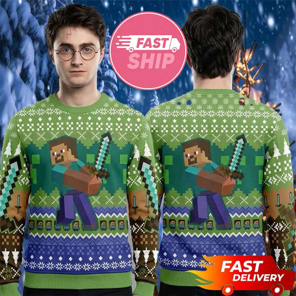 Minecraft Merch Steve Warrior Diamond Sword 2026 Christmas Minecraft Ugly Sweater Son Gifts - Kdjoy