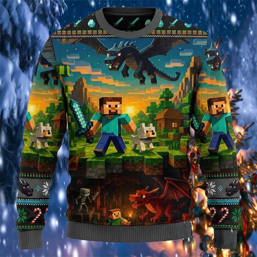 Minecraft Merch Steve Warrior Fights Ender Dragon Minecraft Ugly Sweater Present For Him - Kdjoy