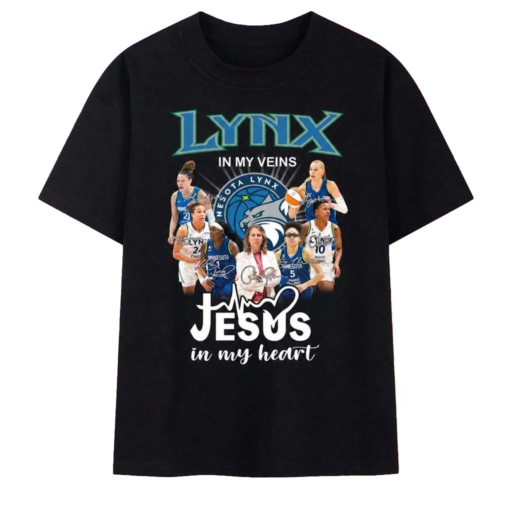 Minnesota Lynx In My Veins Jesus In My Heart Signatures T-Shirt Lynx Merch Basketball Fan Gift - Kdjoy