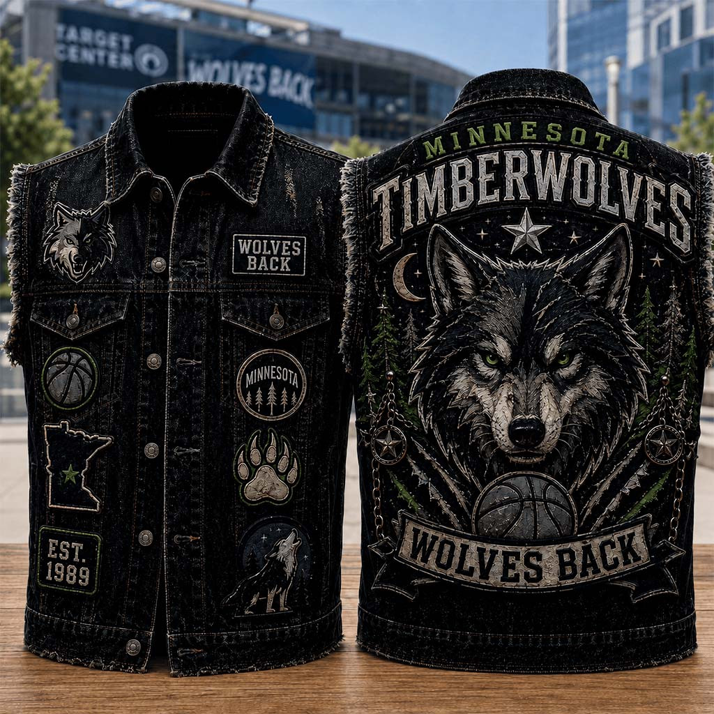 Minnesota Timberwolves Merch Wolves Back Denim Vest Basketball Enthusiast Gift For Game Day - Kdjoy