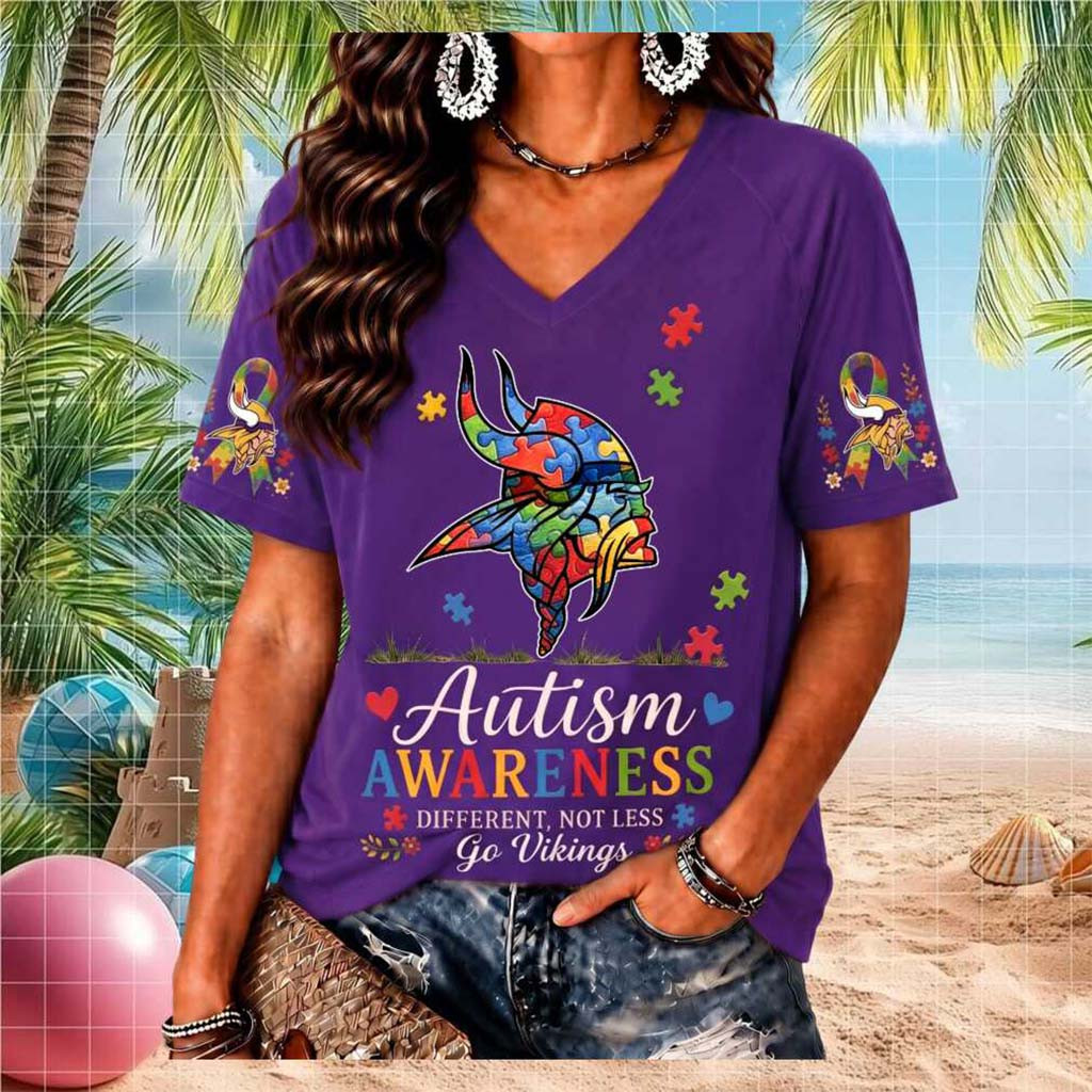 Minnesota Vikings Autism Awareness Puzzle Piece V-Neck Shirt MN Vikings Merch Gift For Women - Kdjoy