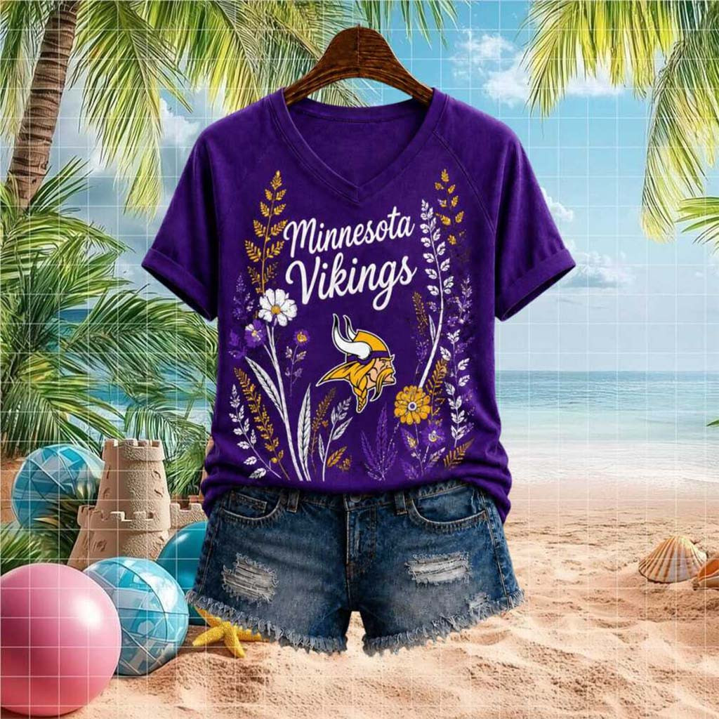 Minnesota Vikings Floral Nature Graphic V-Neck Shirt Minnesota Vikings Merch Gift For Her - Kdjoy Minnesota Vikings Floral Nature Graphic V-Neck Shirt Minnesota Vikings Merch Gift For Her - Kdjoy
