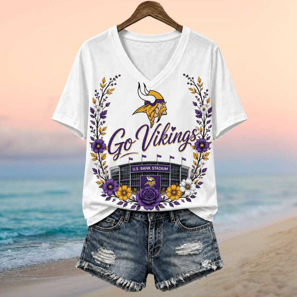 Minnesota Vikings Merch Stadium Floral Wreath Go Vikings Football V-Neck Shirt Game Day Apparel - Kdjoy