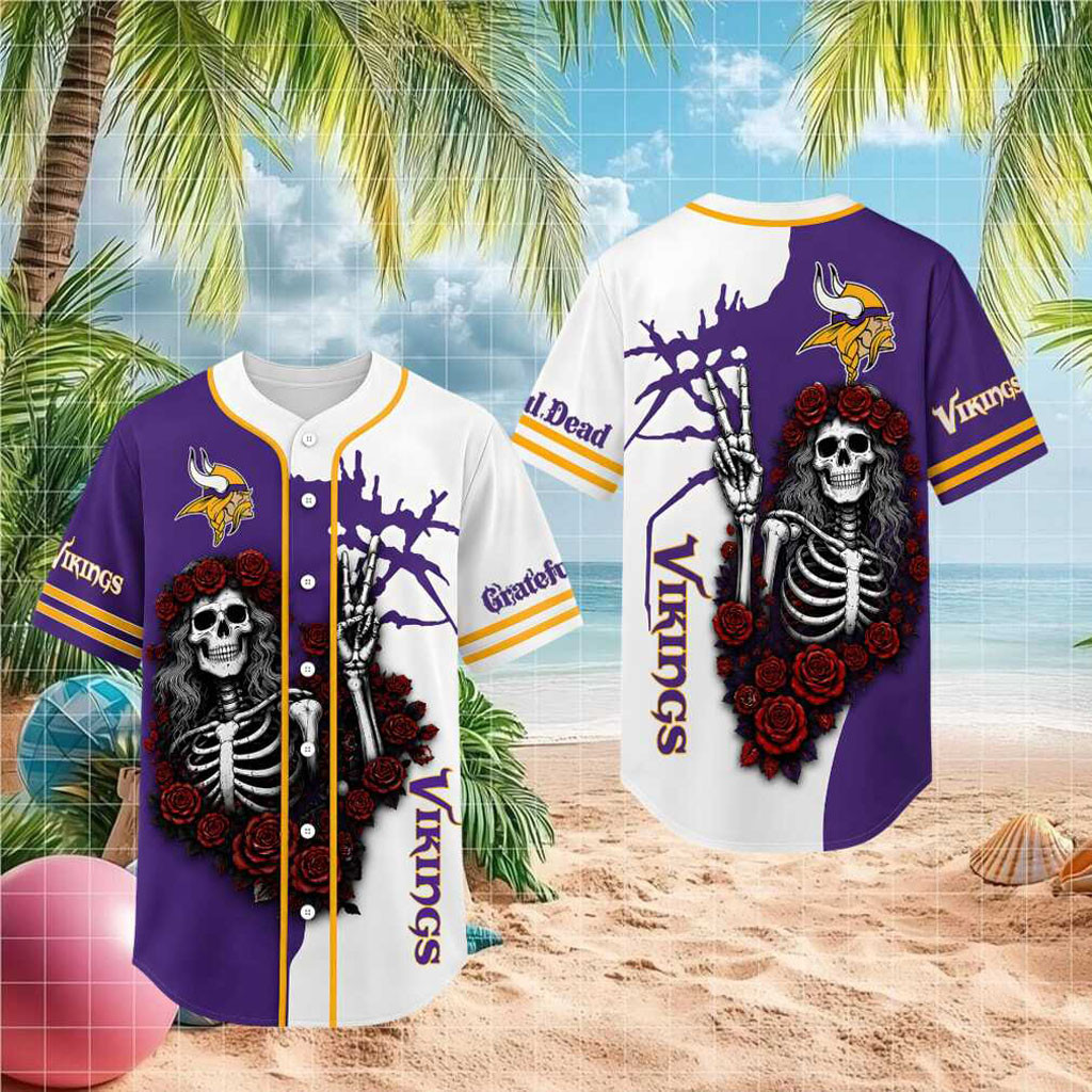 Minnesota Vikings Skeleton Grateful Roses Baseball Jersey Vikings Merch Gifts For Brother - Kdjoy
