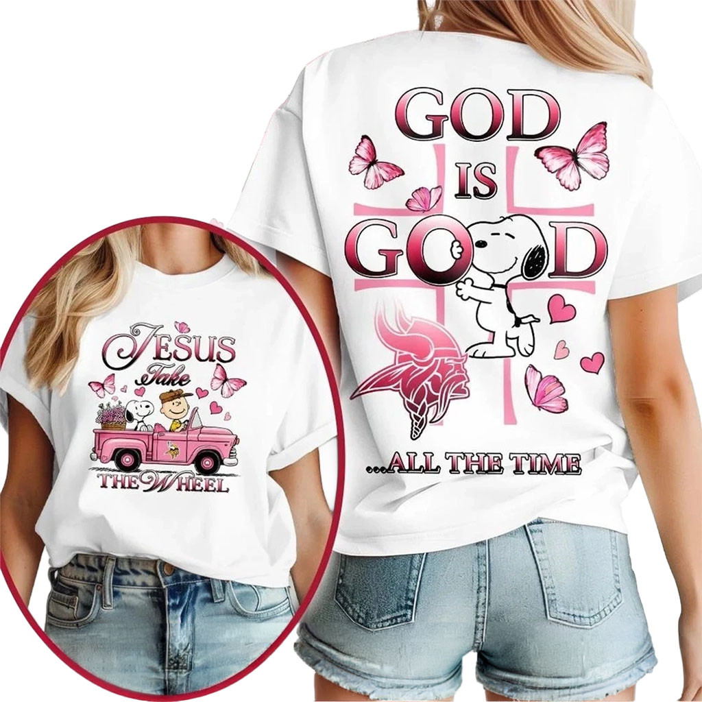 Minnesota Vikings Snoopy Jesus Take The Wheel God Is Good Shirt MN Vikings Merch Fan Gifts - Kdjoy