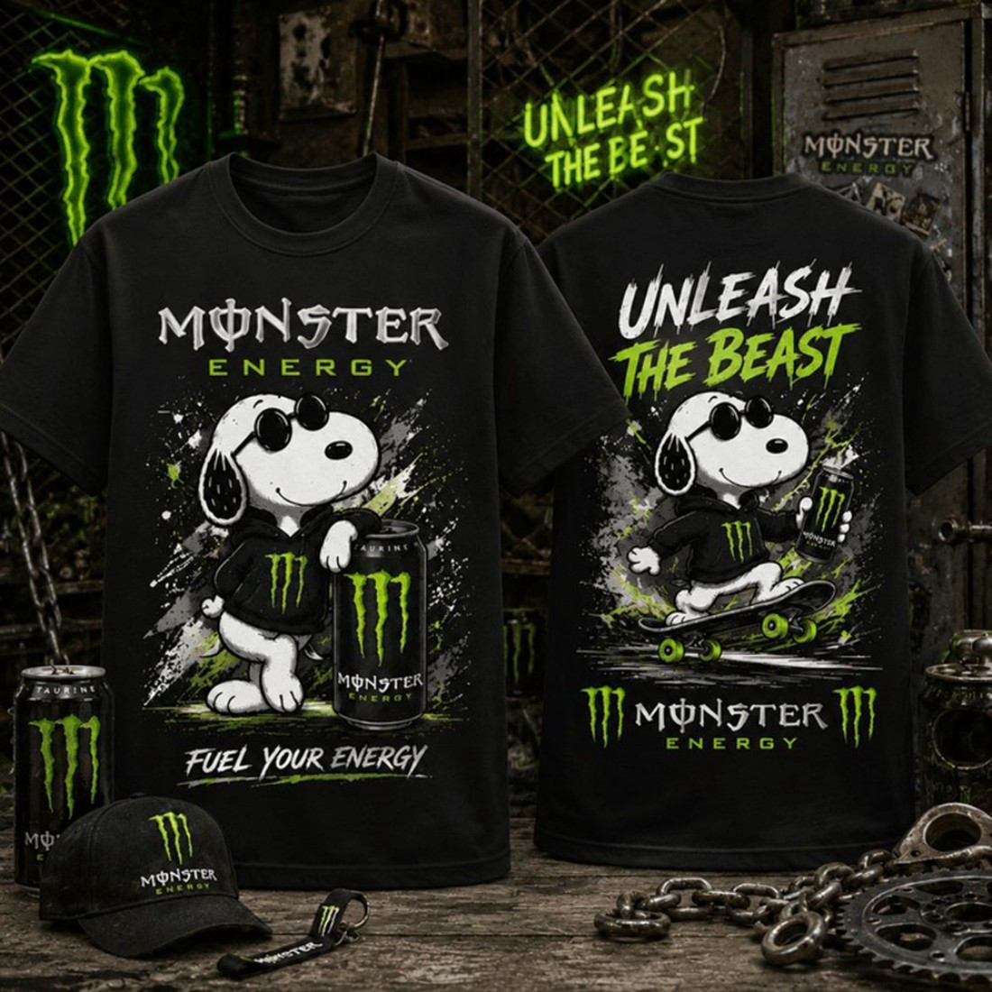 Monster Energy Snoopy Skateboard Cartoon and Energy Drink Lovers T-Shirt Monster Energy Merch - Kdjoy