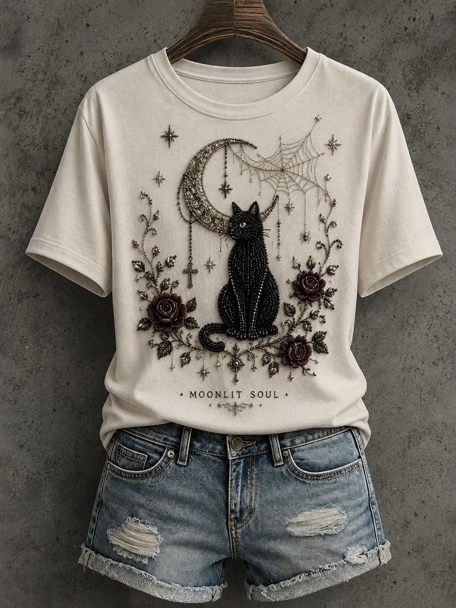 Moonlit Soul Black Cat Crescent Moon T-Shirt Gothic Cat Tee Unique Birthday Gift For Women - Kdjoy