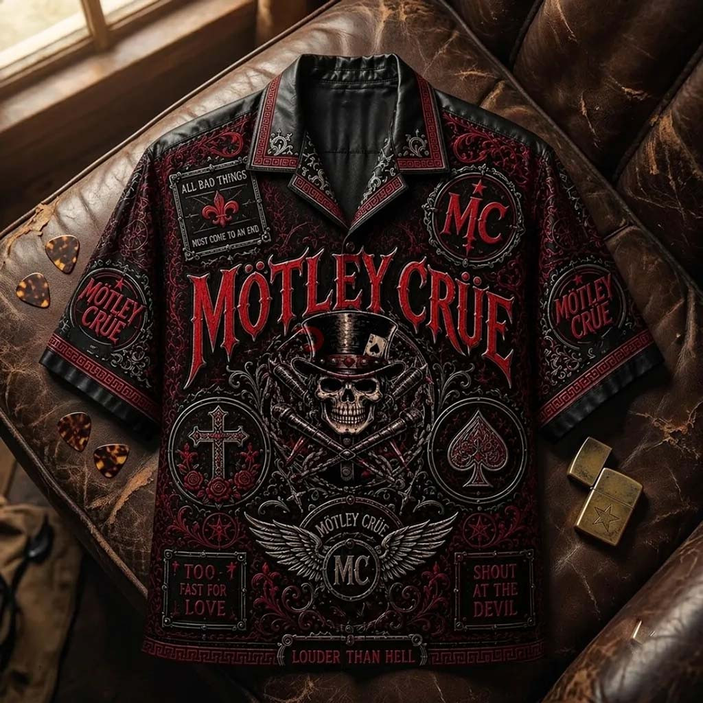 Motley Crue Black Red Skull Hawaiian Shirt 2026 Louder Than Hell Motley Crue Merch Fan Gifts - Kdjoy
