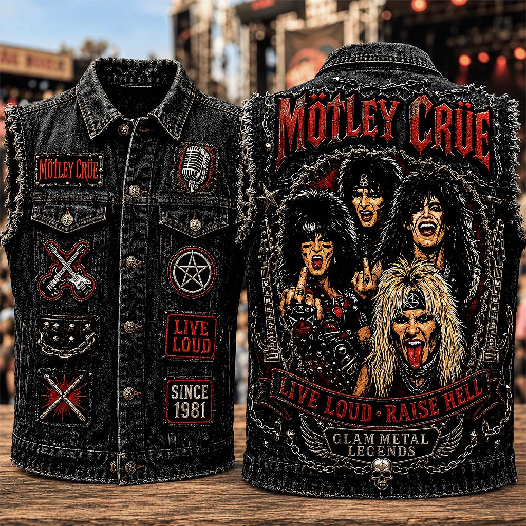 Motley Crue Live Loud Raise Hell Denim Vest Glam Metal Legends Motley Crue Merch Fan Gifts - Kdjoy Motley Crue Live Loud Raise Hell Denim Vest Glam Metal Legends Motley Crue Merch Fan Gifts - Kdjoy