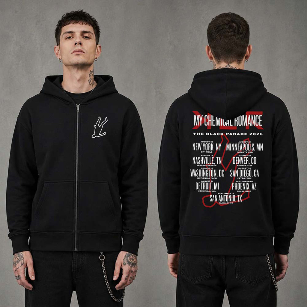 My Chemical Romance Merch The Black Parade Tour 2026 North America City Dates Zip Hoodie