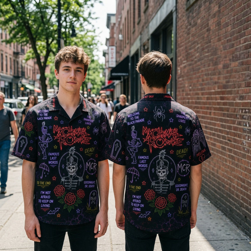 My Chemical Romance Neon Rock Band Emo Punk Gothic Summer Hawaiian Shirt MCR Merch 2026 - Kdjoy My Chemical Romance Neon Rock Band Emo Punk Gothic Summer Hawaiian Shirt MCR Merch 2026 - Kdjoy