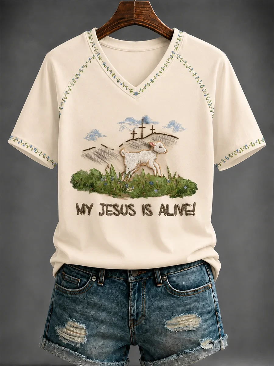 My Jesus Is Alive V-Neck Shirt Easter Christian Faith Clothing Religious Gifts For Her - Kdjoy