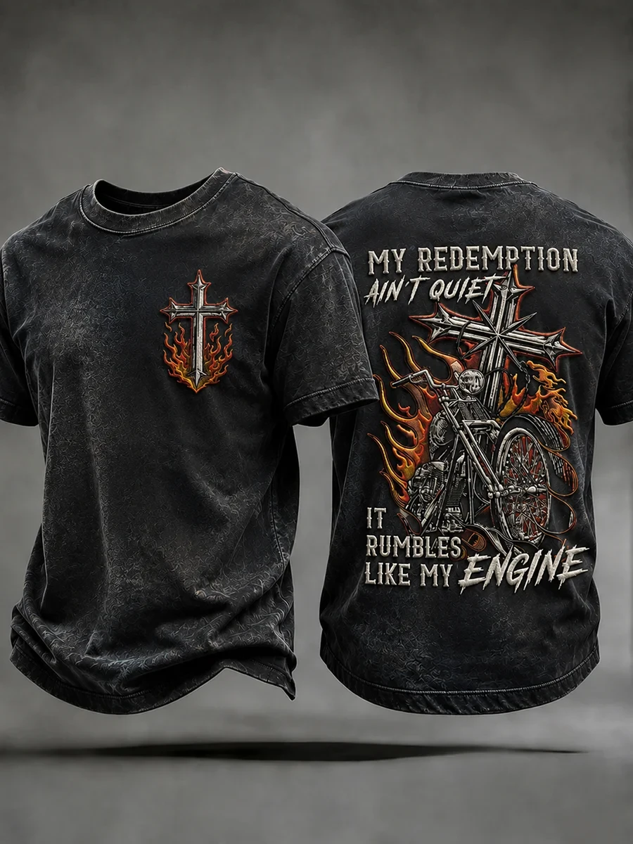 My Redemption Ain't Quiet It Rumbles Like My Engine T-Shirt Motorcycle Biker Christian Apparel - Kdjoy