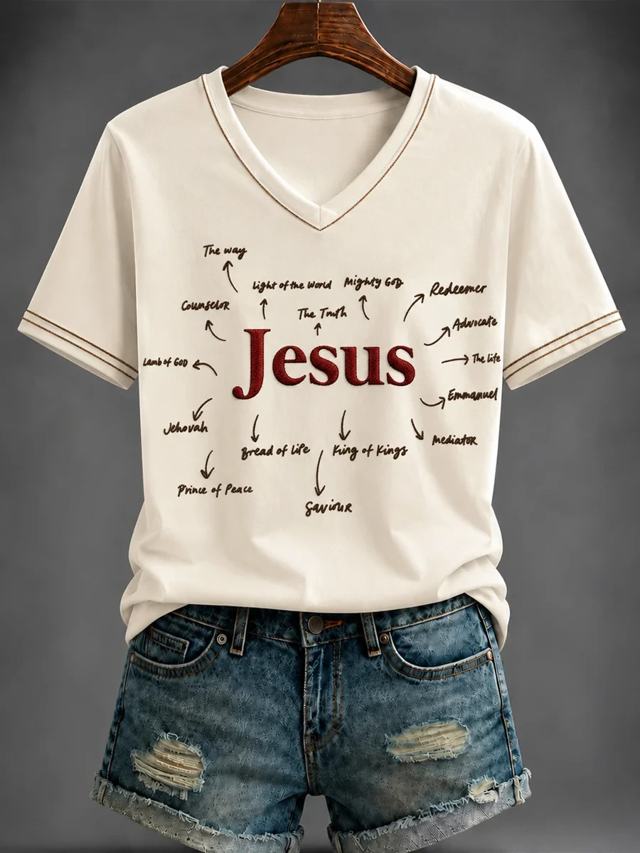 Names Of Jesus Diagram V-Neck Shirt Bible Verse Apparel Christian Presents For Her - Kdjoy