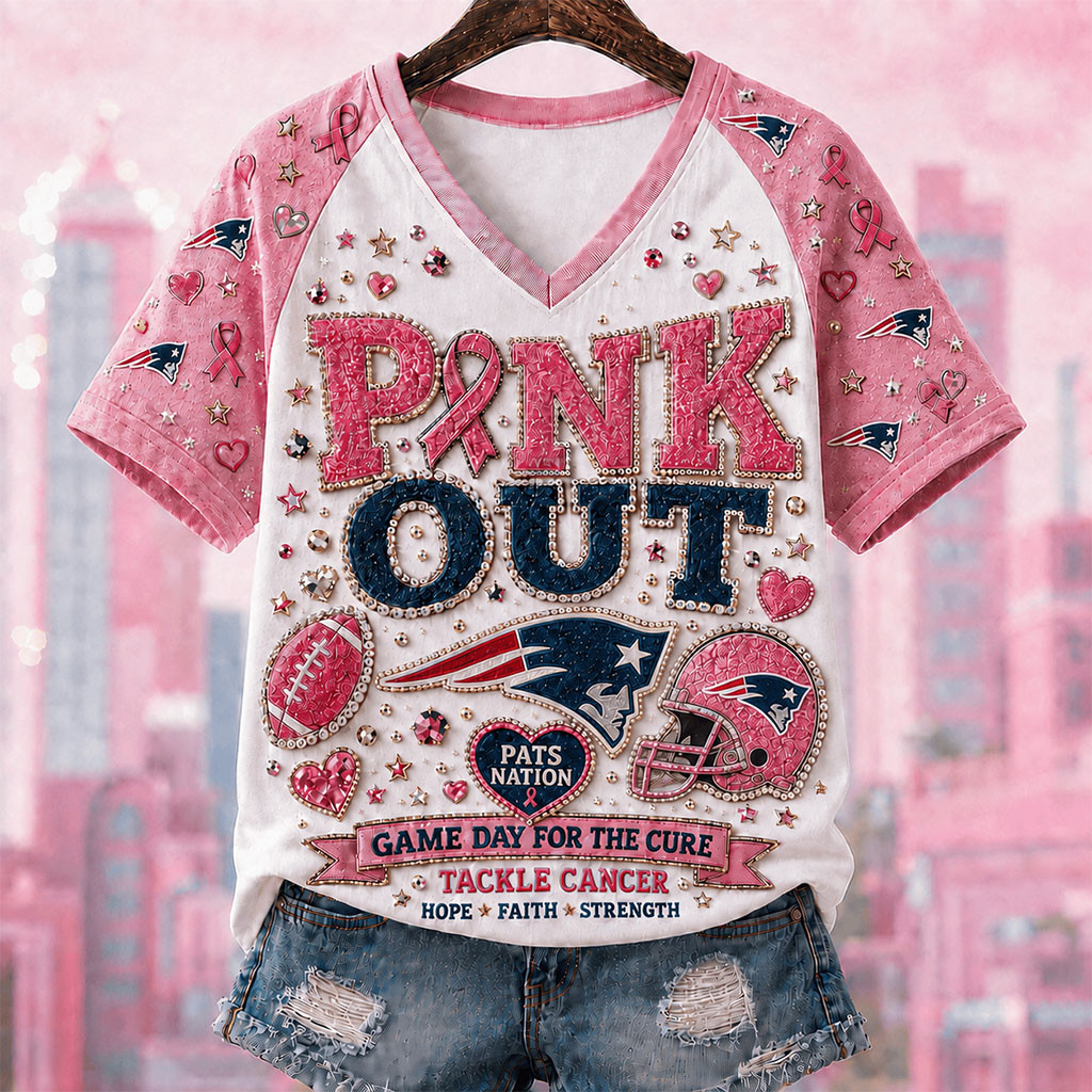 NE Patriots Breast Cancer Awareness V-Neck Shirt Pink Out Game Day For Cure Patriots Merch