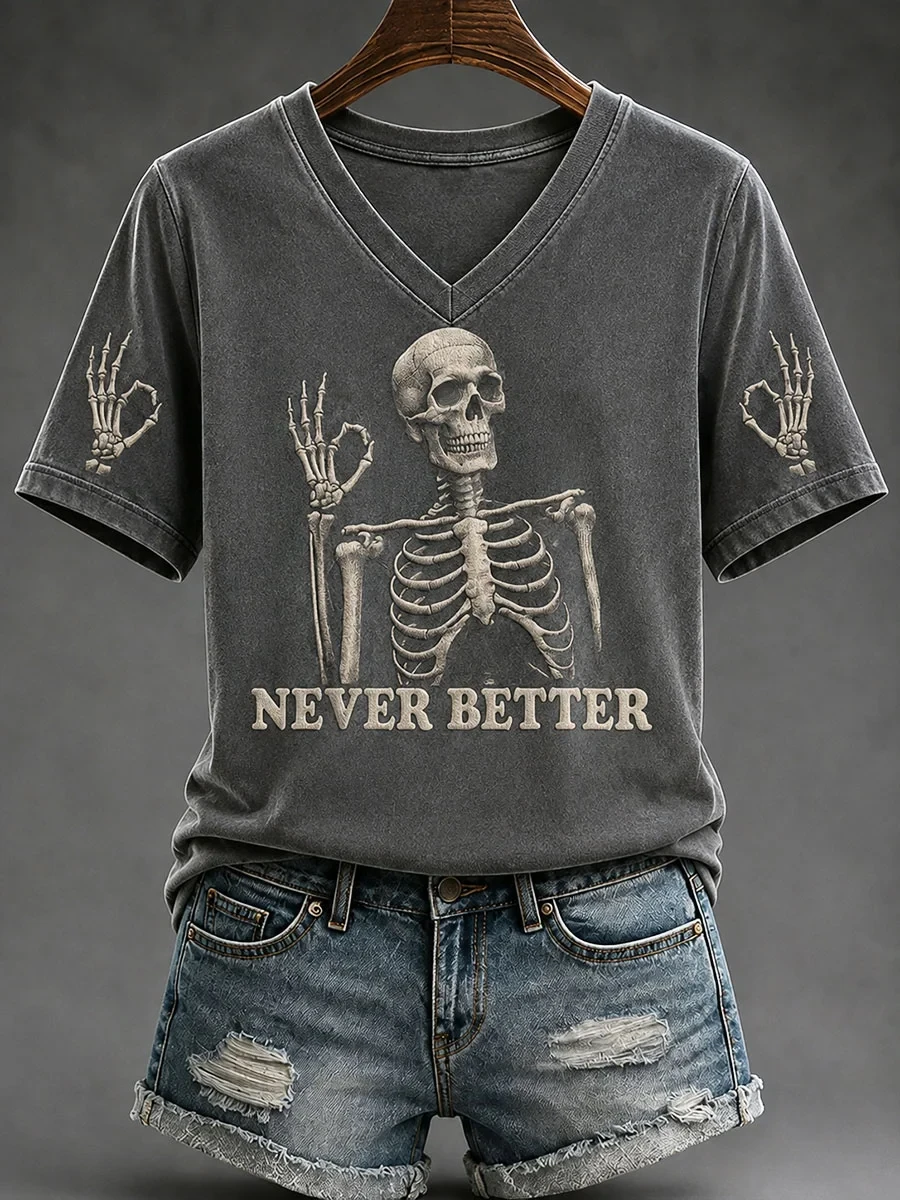 Never Better Fun Skull Halloween V-Neck Shirt Humorous Shirts Gift For Halloween - Kdjoy