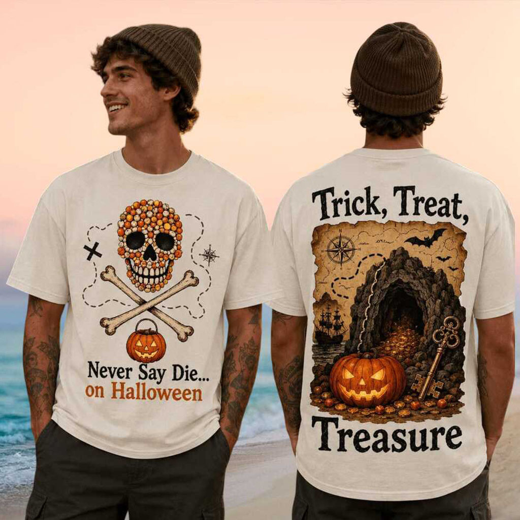 Never Say Die On Halloween Trick Treat Treasure Map Skull Pirate Shirt Halloween T-Shirt Gifts - Kdjoy