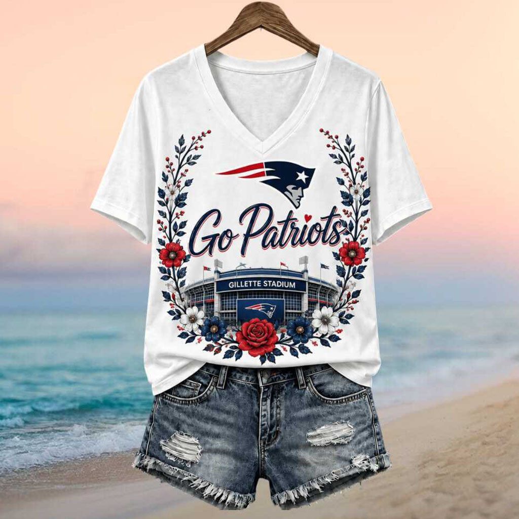 New England Patriots Football Team Gillette Stadium Floral Wreath V-Neck Shirt Patriots Merch - Kdjoy